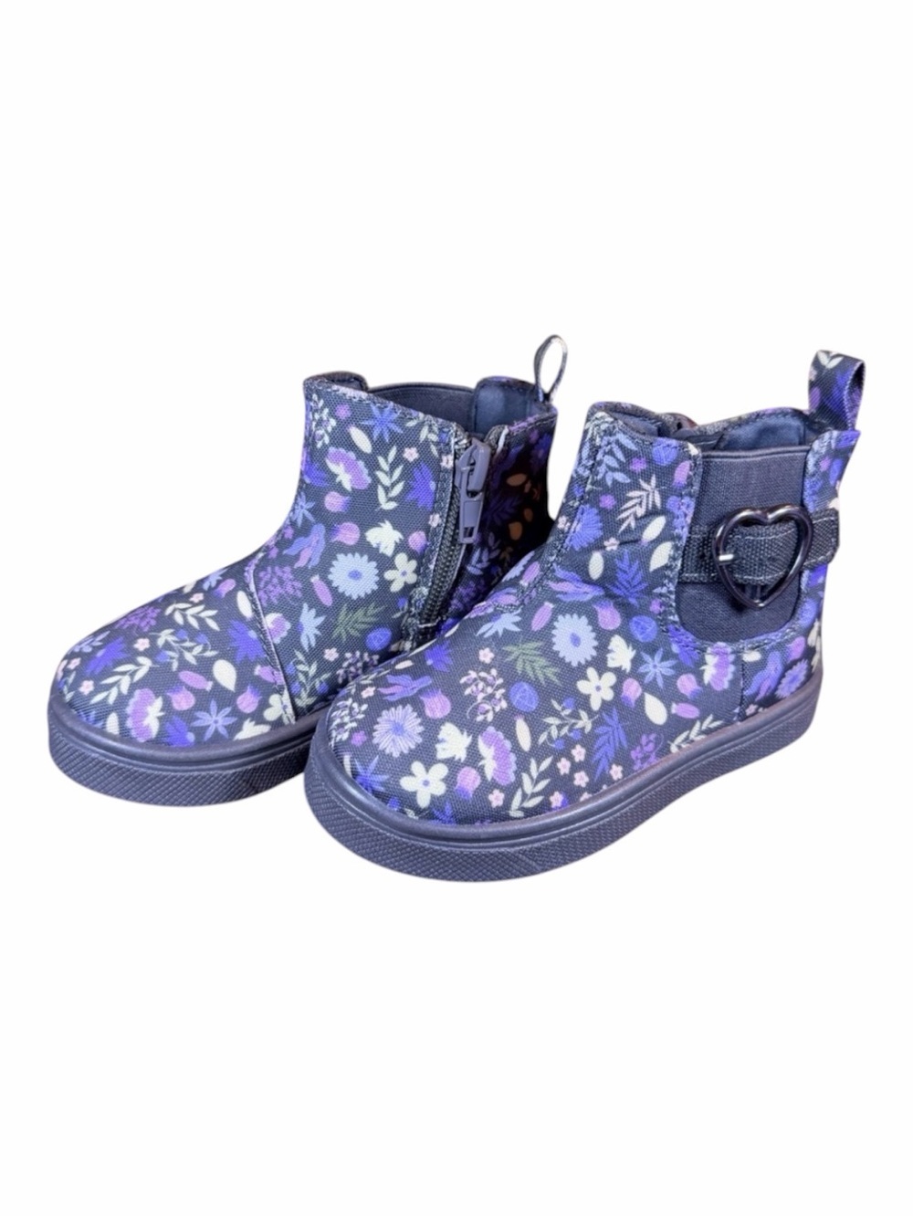 oomphies Purple Floral Toddler Ankle Boots with Heart and Buckle Accent